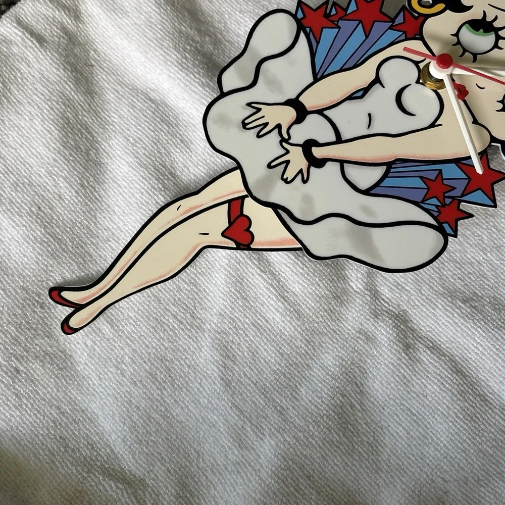 Vintage Betty Boop Clock Pendulum Moving Legs Red and Blue Stars, White Dress